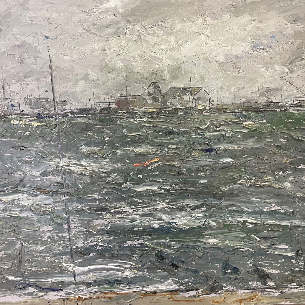 Huile sur panneau vintage ; Tempête de décembre J. Millcahy