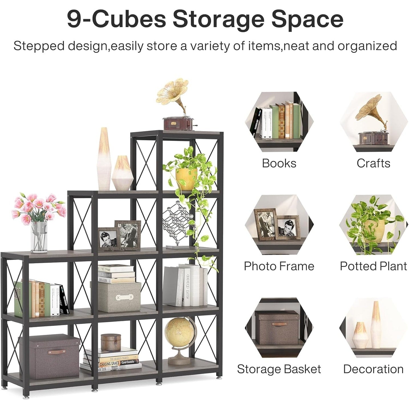 Bibliothèque échelle à 12 étagères, bibliothèque d'angle de style industriel