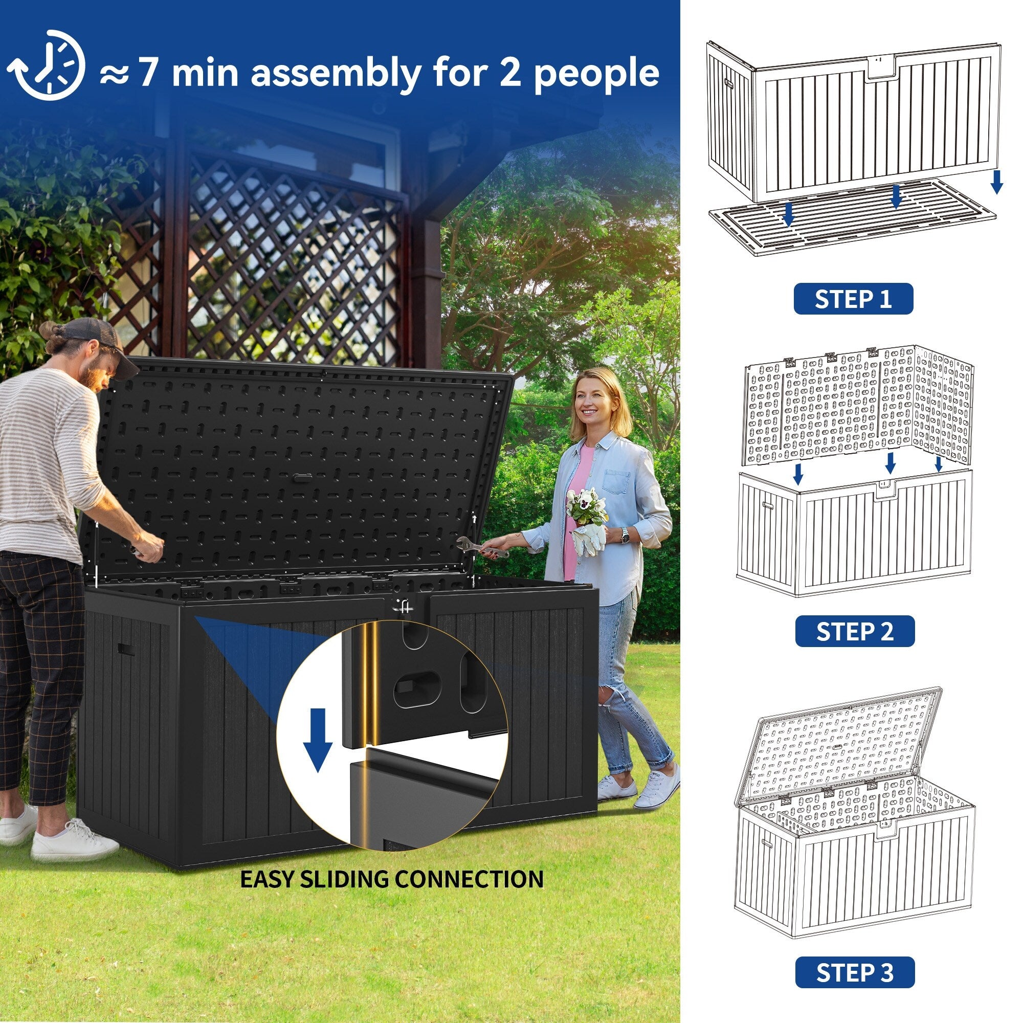 Coffre de terrasse verrouillable en résine résistante à l'eau, grande capacité (120-260 gallons).