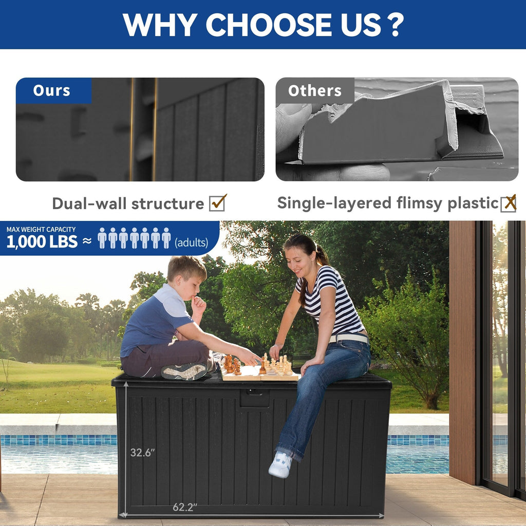 Coffre de terrasse verrouillable en résine résistante à l'eau, grande capacité (120-260 gallons).