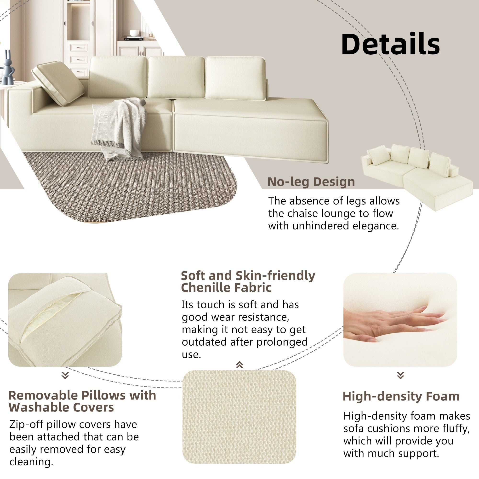 Canapé-lit/méridienne élégant et moderne de 125 cm, aux lignes épurées, pour salon, beige