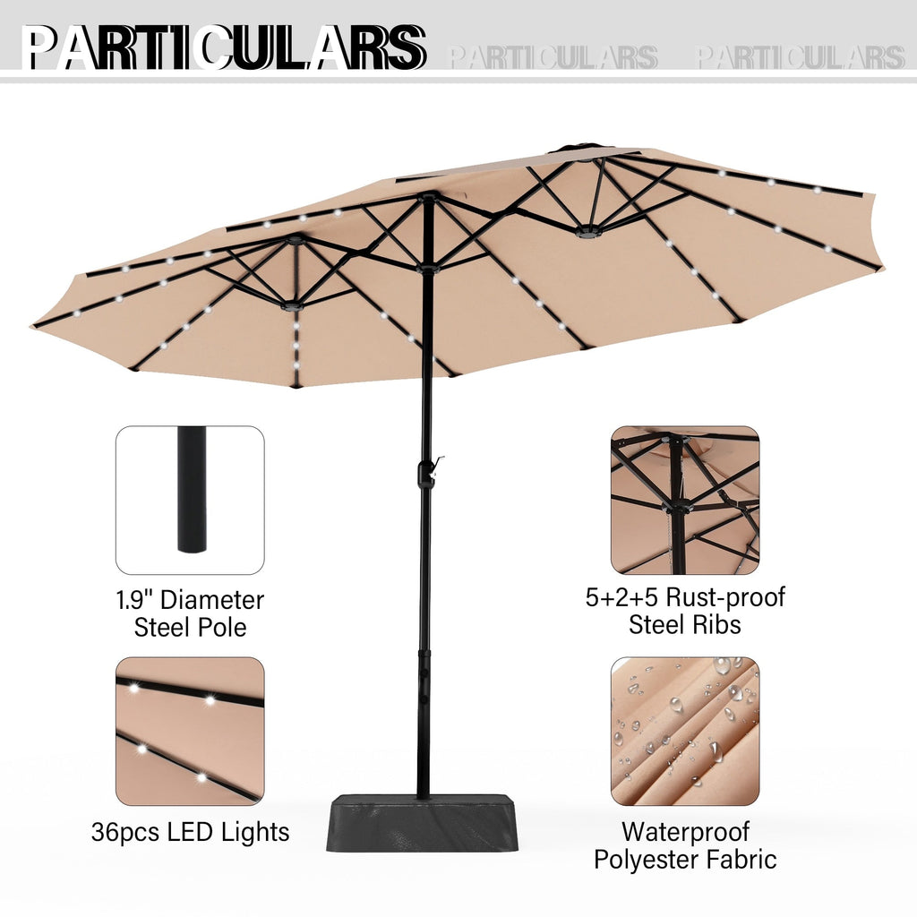 Parasol de marché d'extérieur rectangulaire de 4,57 m (15 pieds) à manivelle, double face, avec éclairage solaire LED et base incluse.