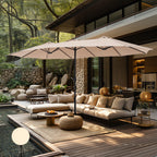 Parasol de marché d'extérieur rectangulaire de 4,57 m (15 pieds) à manivelle, double face, avec éclairage solaire LED et base incluse.