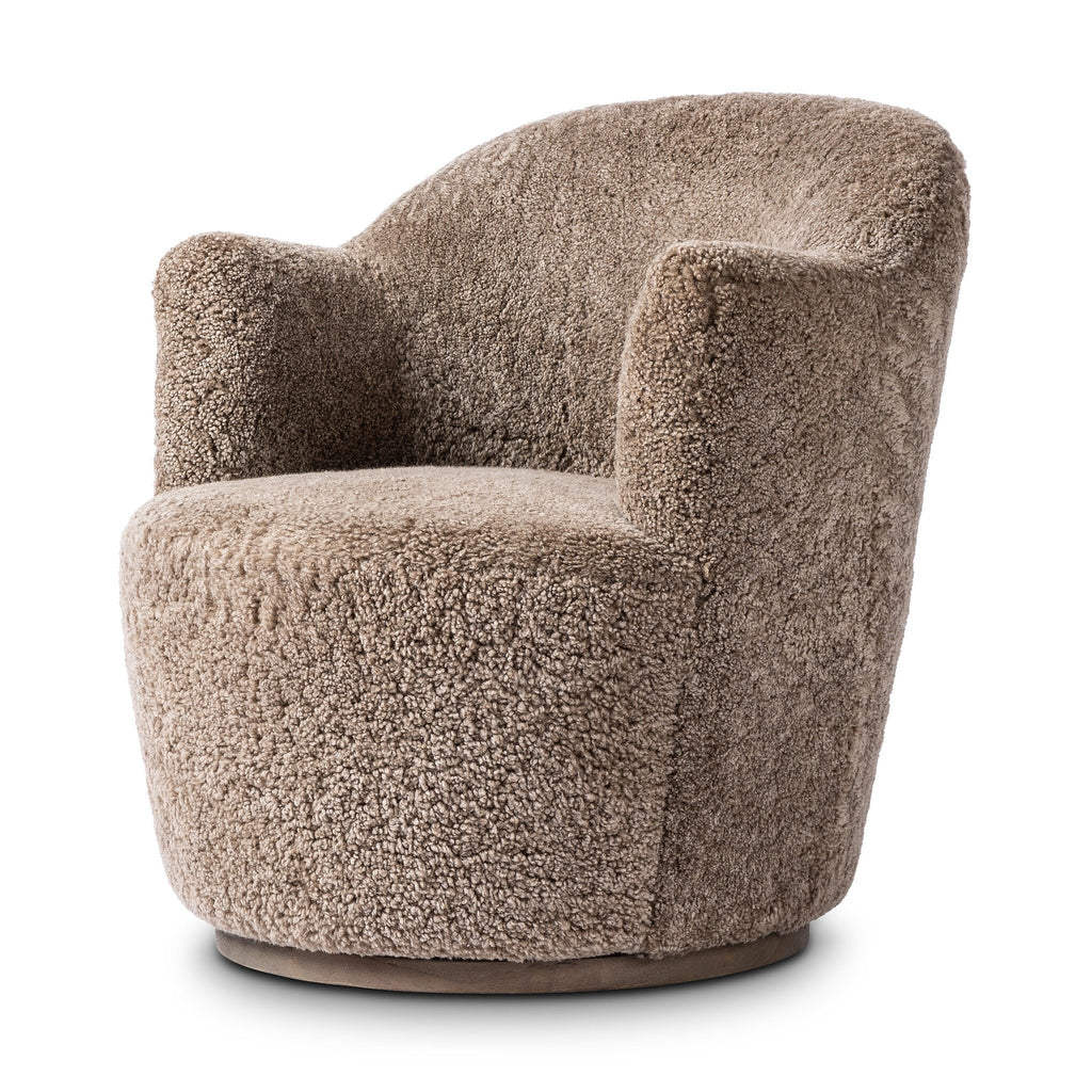 Fauteuil pivotant Aurora en peau de mouton retournée taupe