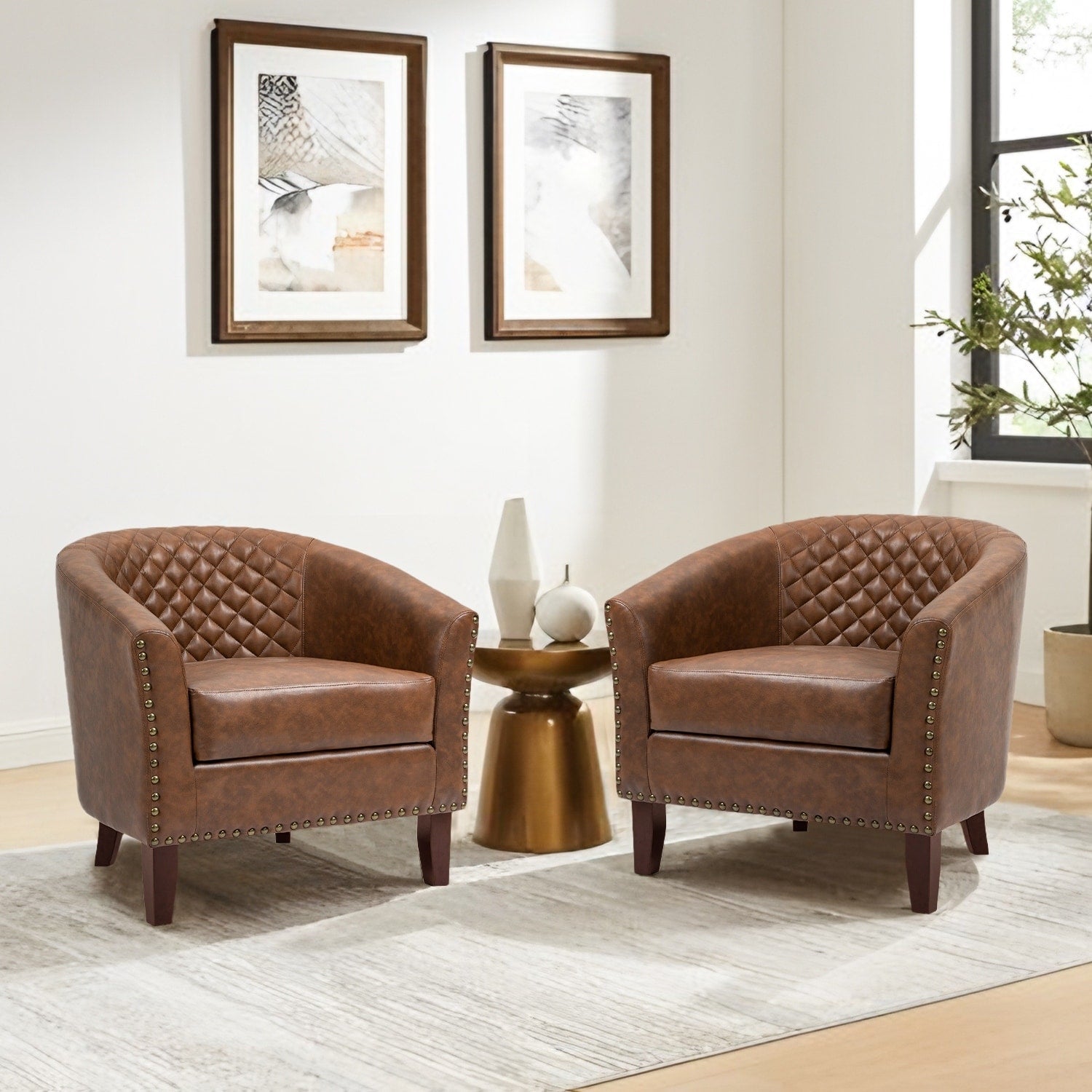 Lot de 2 fauteuils d'appoint cylindriques en similicuir végan de 74 cm de large avec garniture cloutée