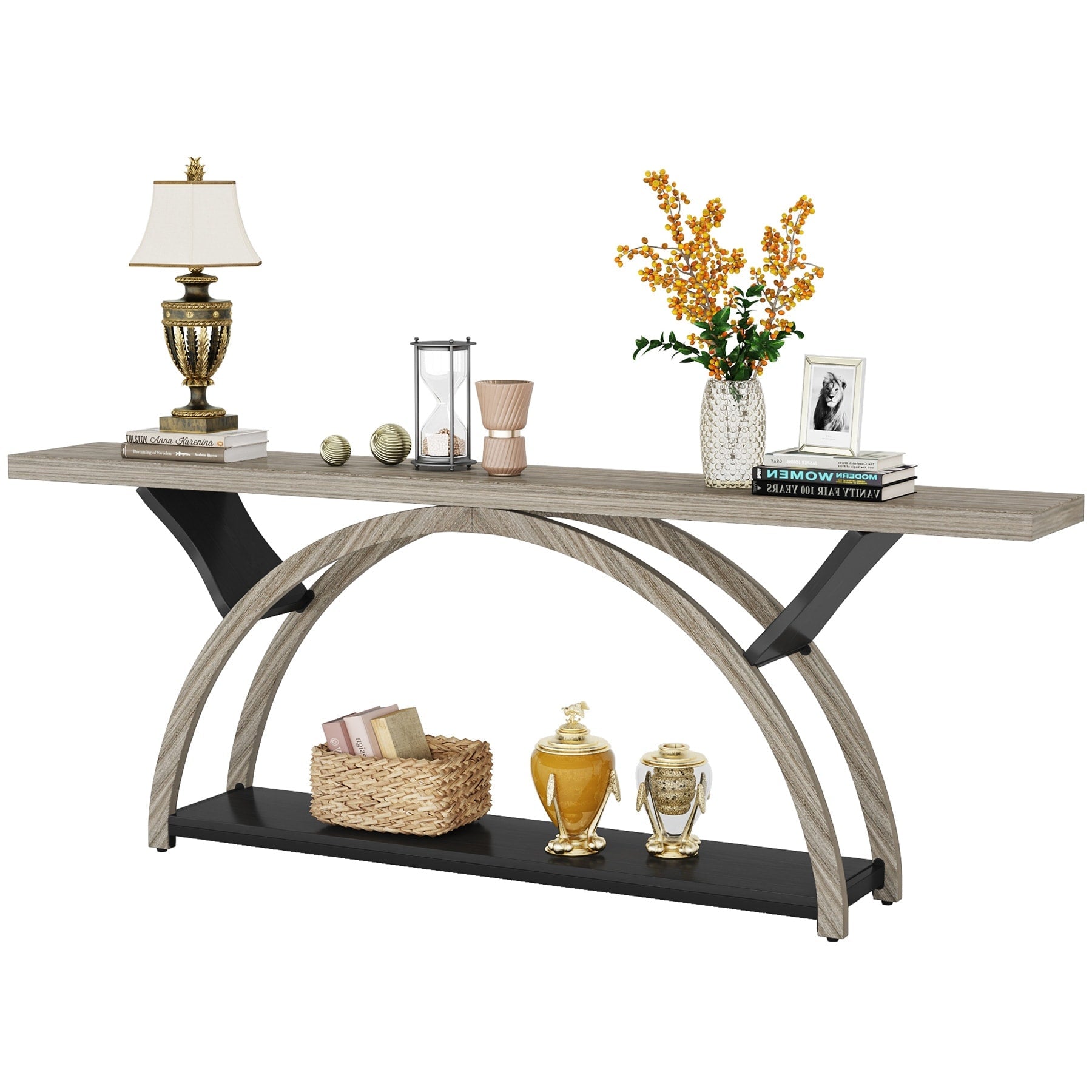 Console allongée et étroite à 2 niveaux avec cadre semi-circulaire pour entrée, table d'appoint grise pour couloir