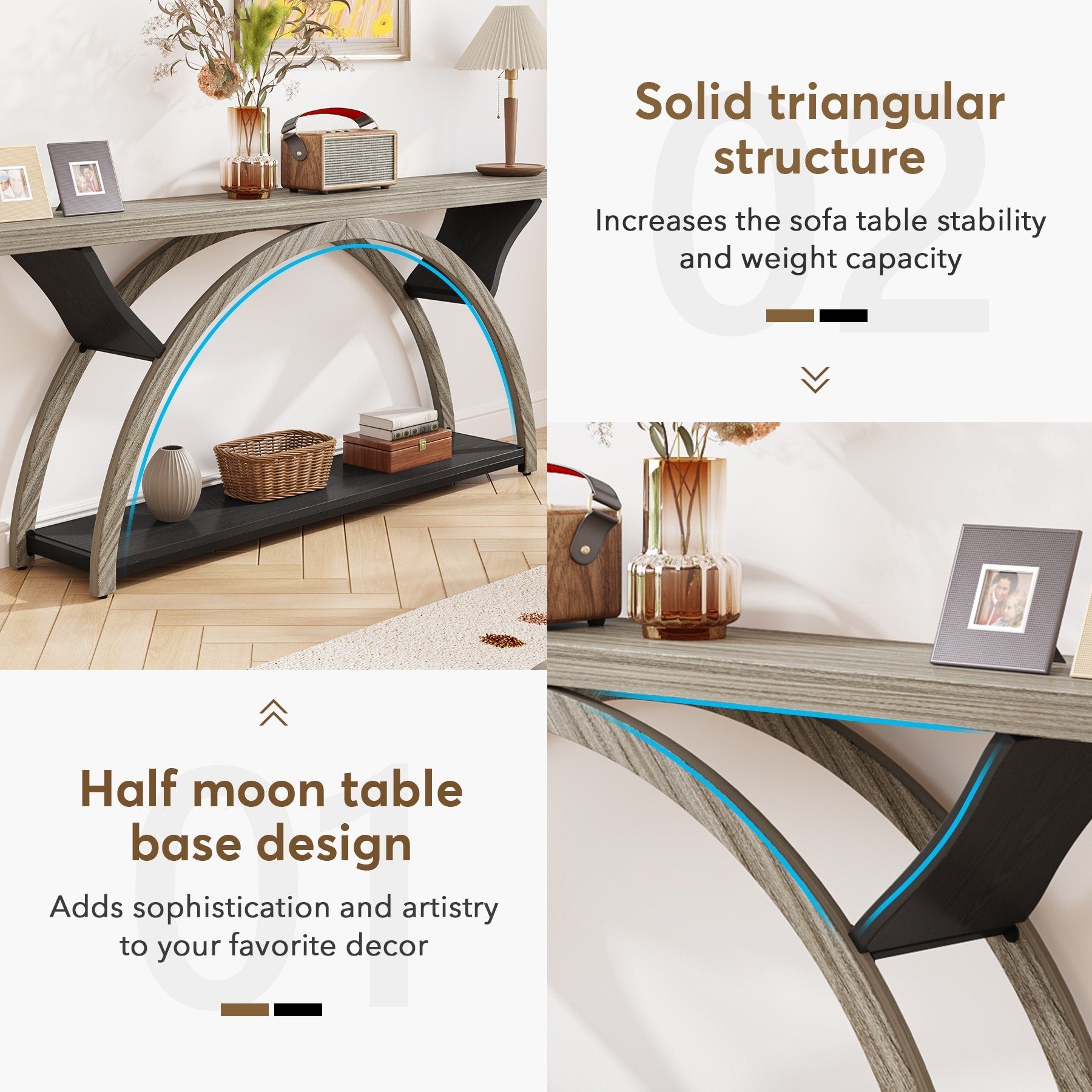 Console allongée et étroite à 2 niveaux avec cadre semi-circulaire pour entrée, table d'appoint grise pour couloir