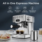 Machine à expresso semi-automatique 20 tasses en acier inoxydable argenté avec réservoir d'eau de 1,9 litre