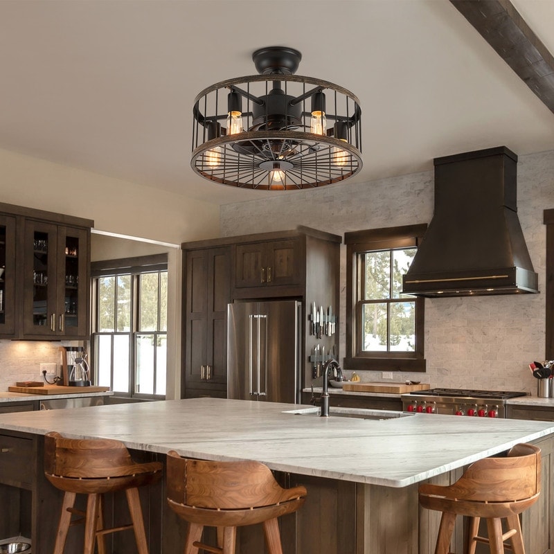 Ventilateur de plafond extra-plat de 50 cm avec éclairage intégré, finition bois style ferme moderne et télécommande.