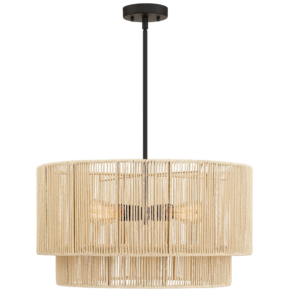Lustre tambour étagé en rotin à 4 lumières avec rosace noire - 56 cm (22 po) de largeur