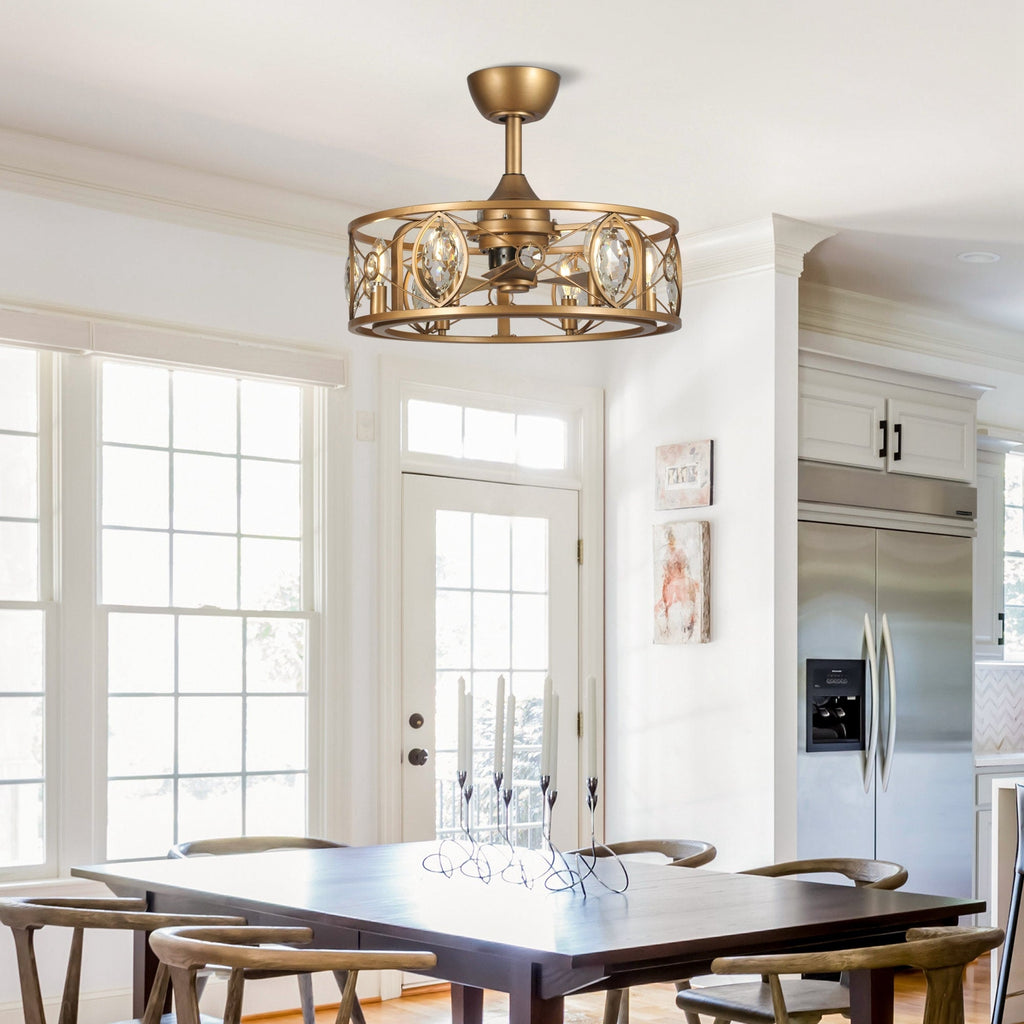 Lustre ventilateur de plafond moderne à cage en cristal de 22 pouces avec télécommande