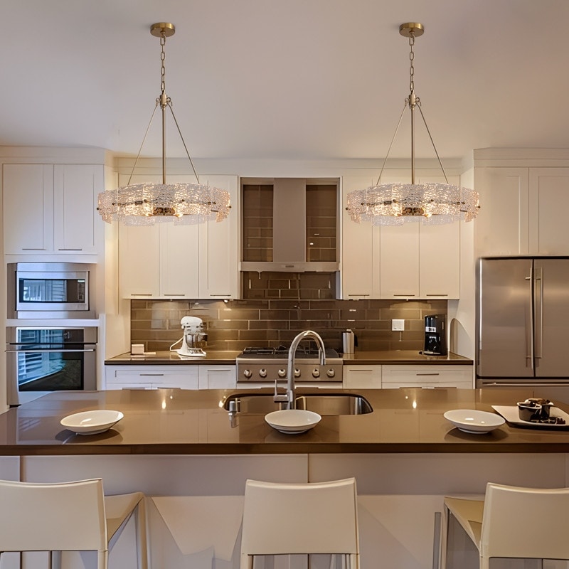 Lustre moderne en cristal doré de 60 cm (23,6 po) avec suspension tambour glamour à 6 lumières, idéal pour îlot de cuisine ou salle à manger.