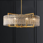 Lustre tambour moderne doré de 66 cm (26 po) en cristal, suspension glamour à 6 lumières avec variateur et verre dépoli, idéal pour îlot de cuisine ou salle à manger.