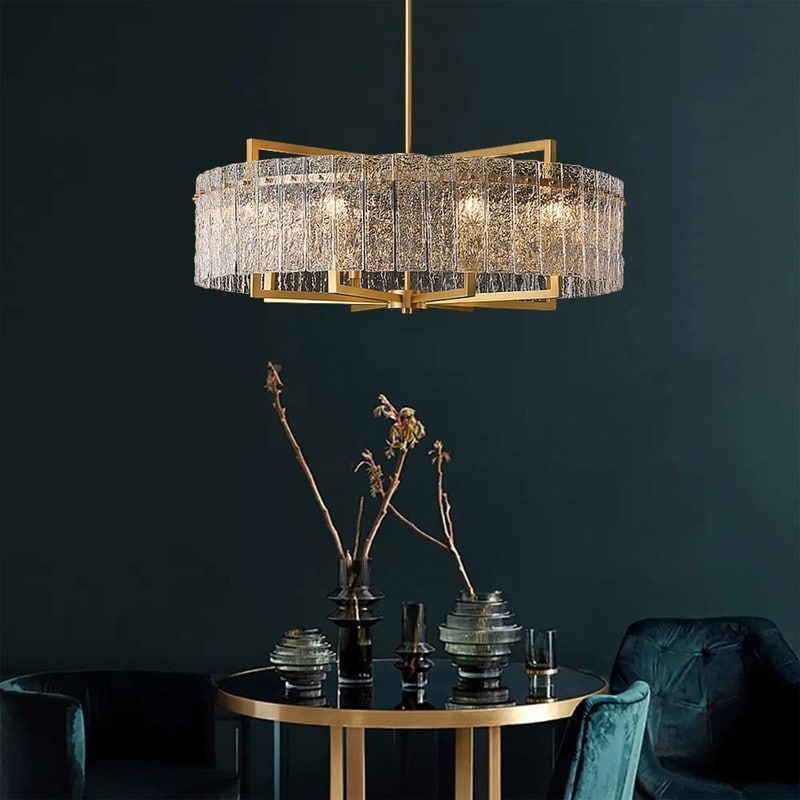 Lustre tambour moderne doré de 66 cm (26 po) en cristal, suspension glamour à 6 lumières avec variateur et verre dépoli, idéal pour îlot de cuisine ou salle à manger.