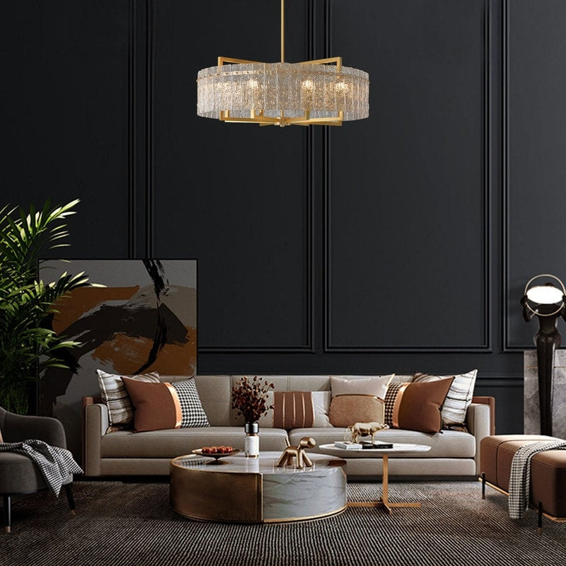 Lustre tambour moderne doré de 66 cm (26 po) en cristal, suspension glamour à 6 lumières avec variateur et verre dépoli, idéal pour îlot de cuisine ou salle à manger.