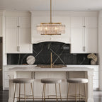 Lustre tambour moderne doré de 66 cm (26 po) en cristal, suspension glamour à 6 lumières avec variateur et verre dépoli, idéal pour îlot de cuisine ou salle à manger.