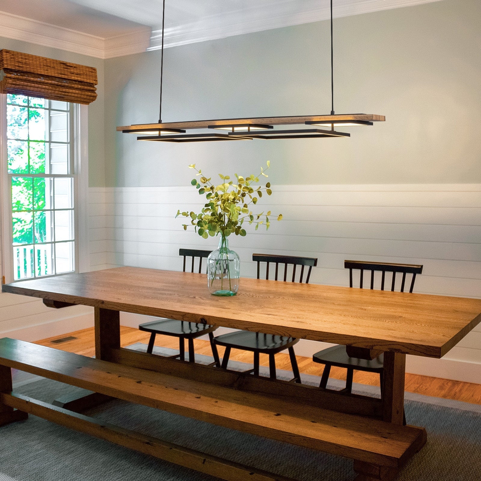 Lustre linéaire en bois à 3 ou 5 lumières LED intégrées, suspension pour îlot de cuisine