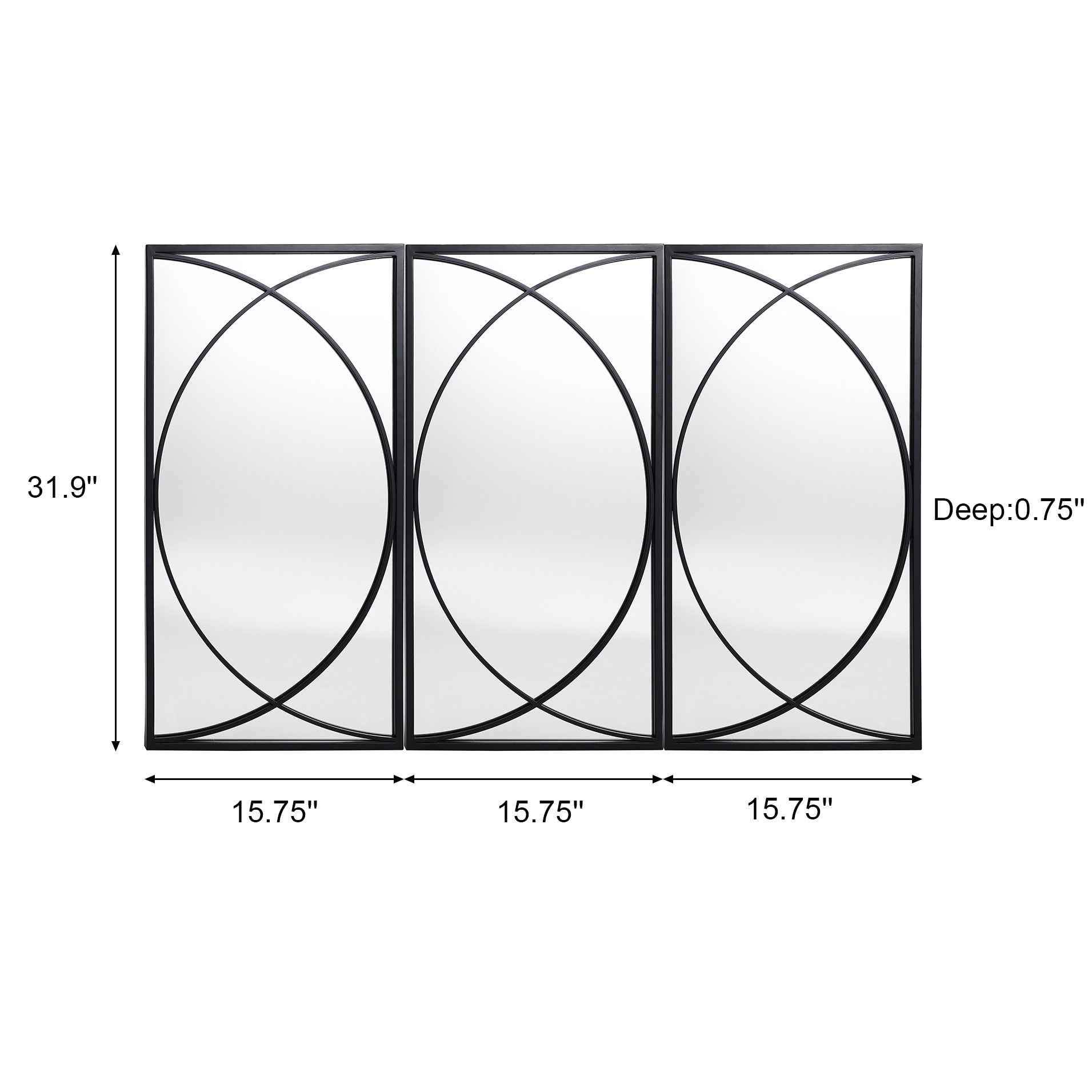 Ensemble de 3 miroirs muraux rectangulaires en métal noir - 31,9 cm (H) x 15,75 cm (L) x 0,75 cm (P)