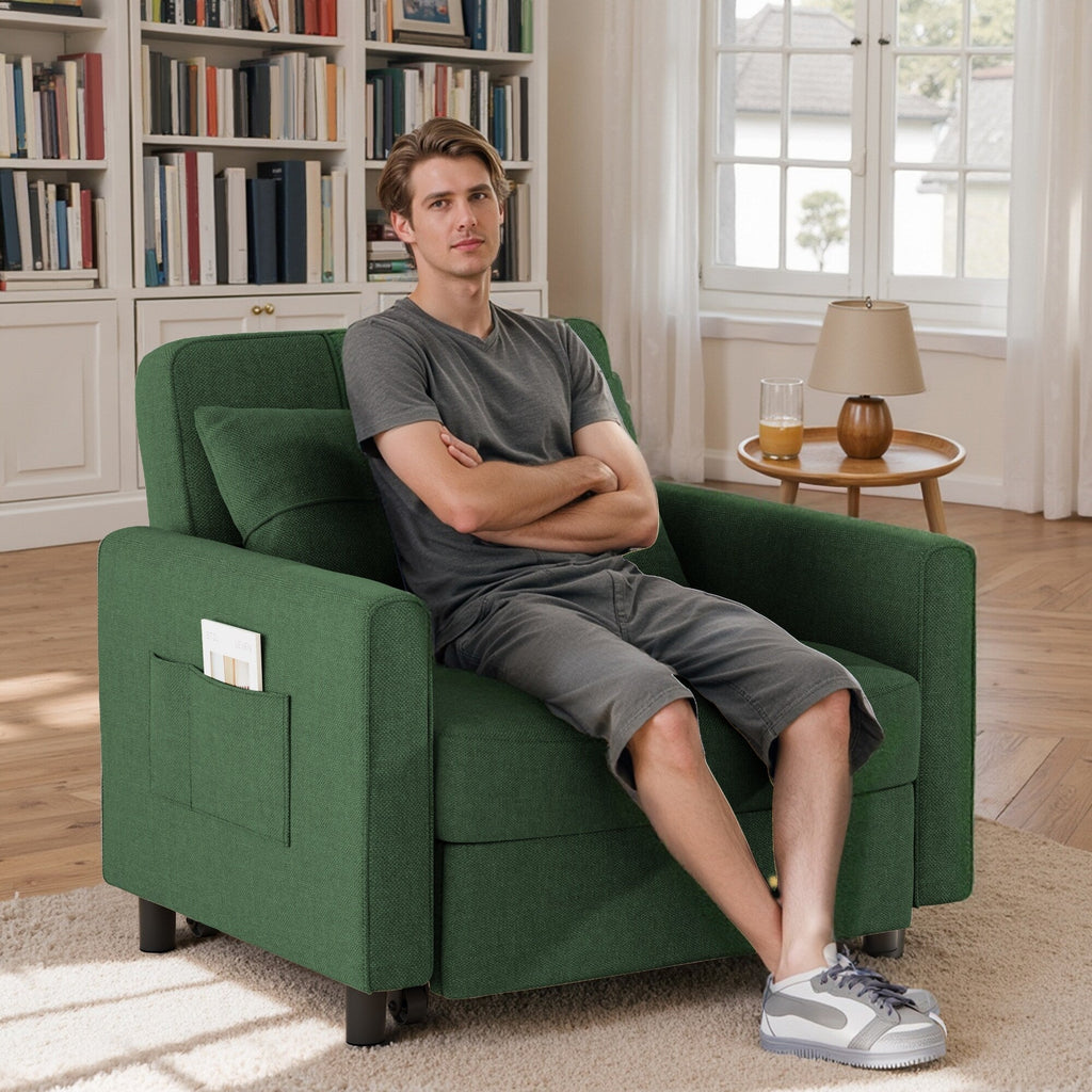 Canapé-lit convertible 3 en 1, avec fauteuil gigogne et lit pliant, idéal pour le salon.