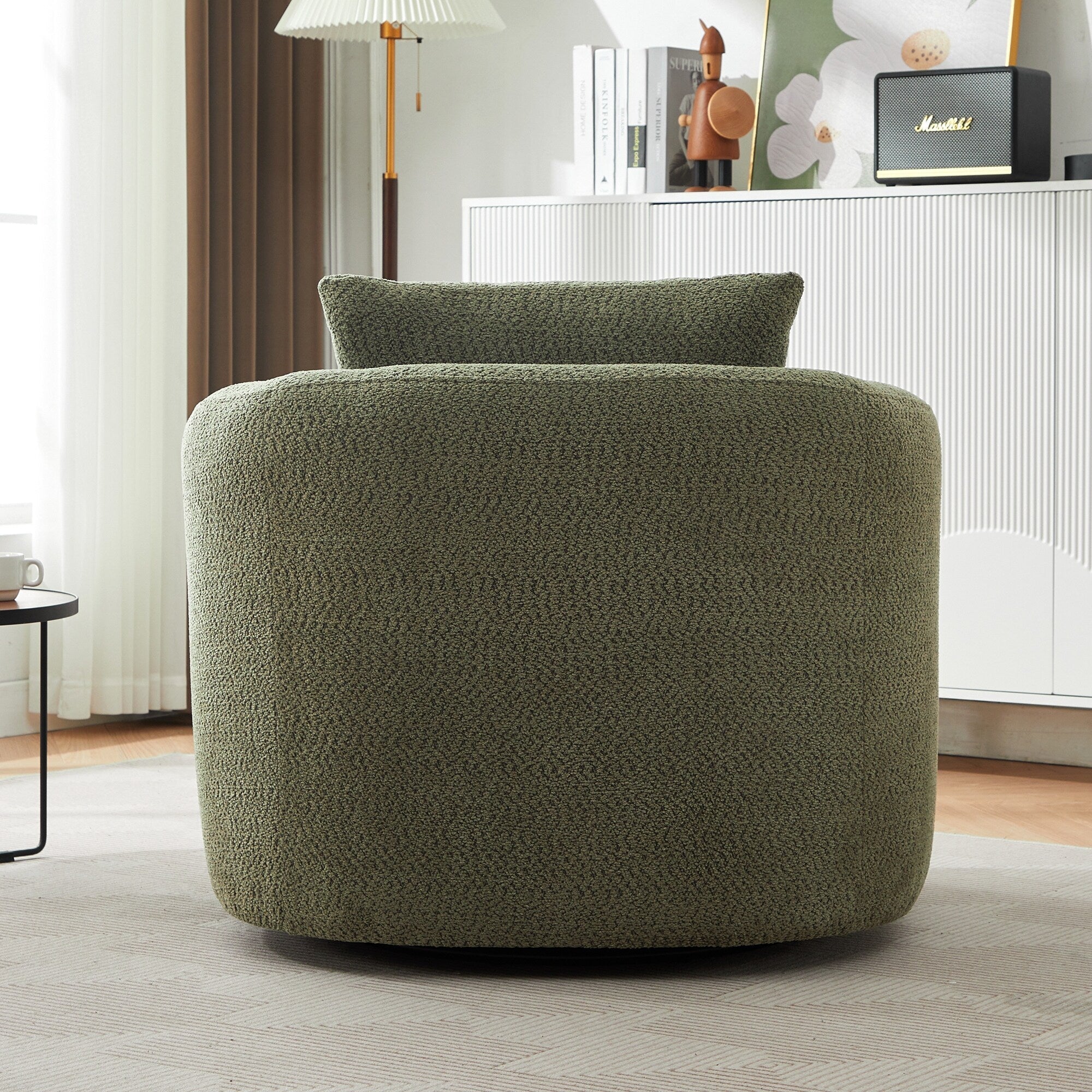 360° Swivel Chair, 38.2 Boucle Accent Chair with Throw Pillow, Upholstered Barrel Sofa Chair with Curved Armrests