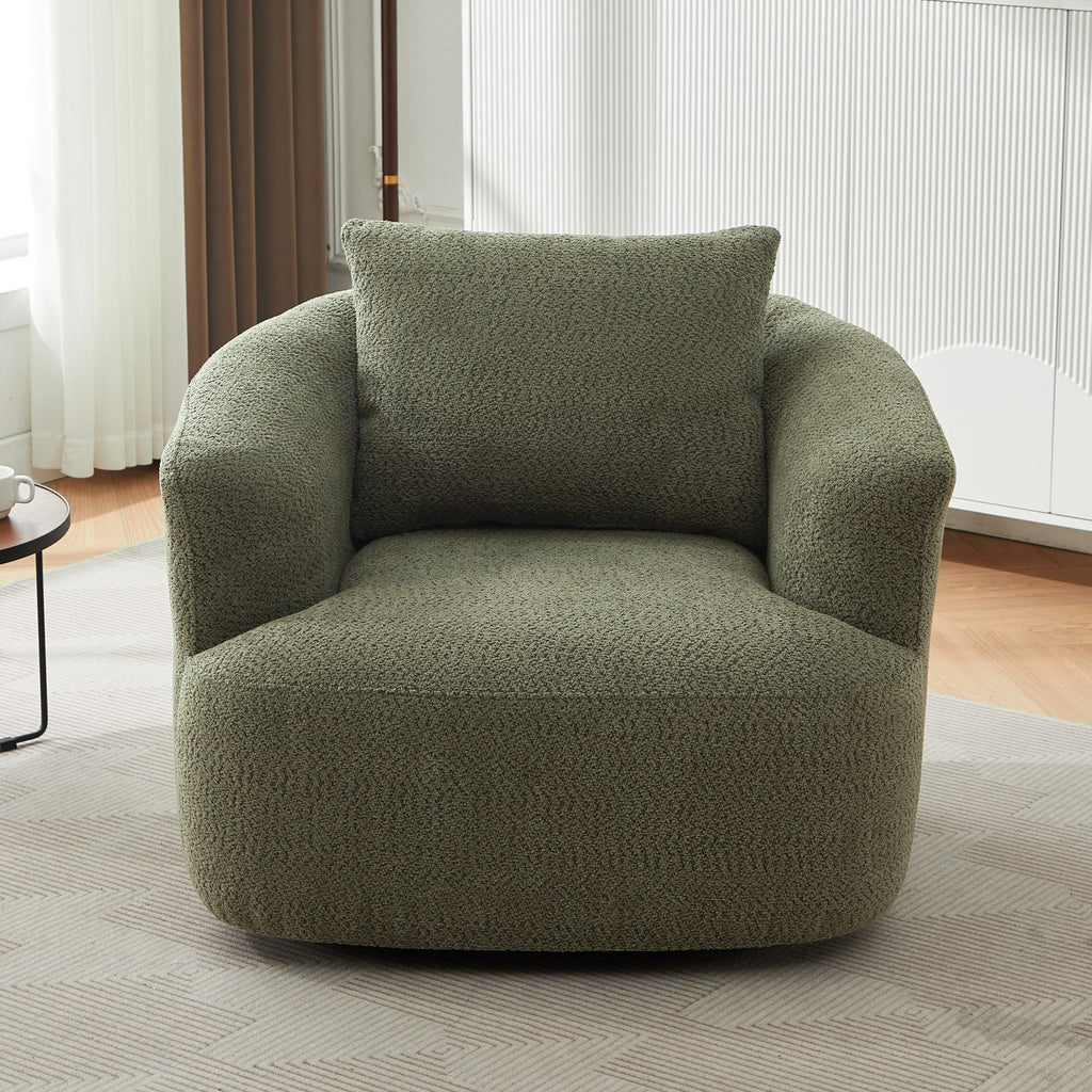 360° Swivel Chair, 38.2 Boucle Accent Chair with Throw Pillow, Upholstered Barrel Sofa Chair with Curved Armrests