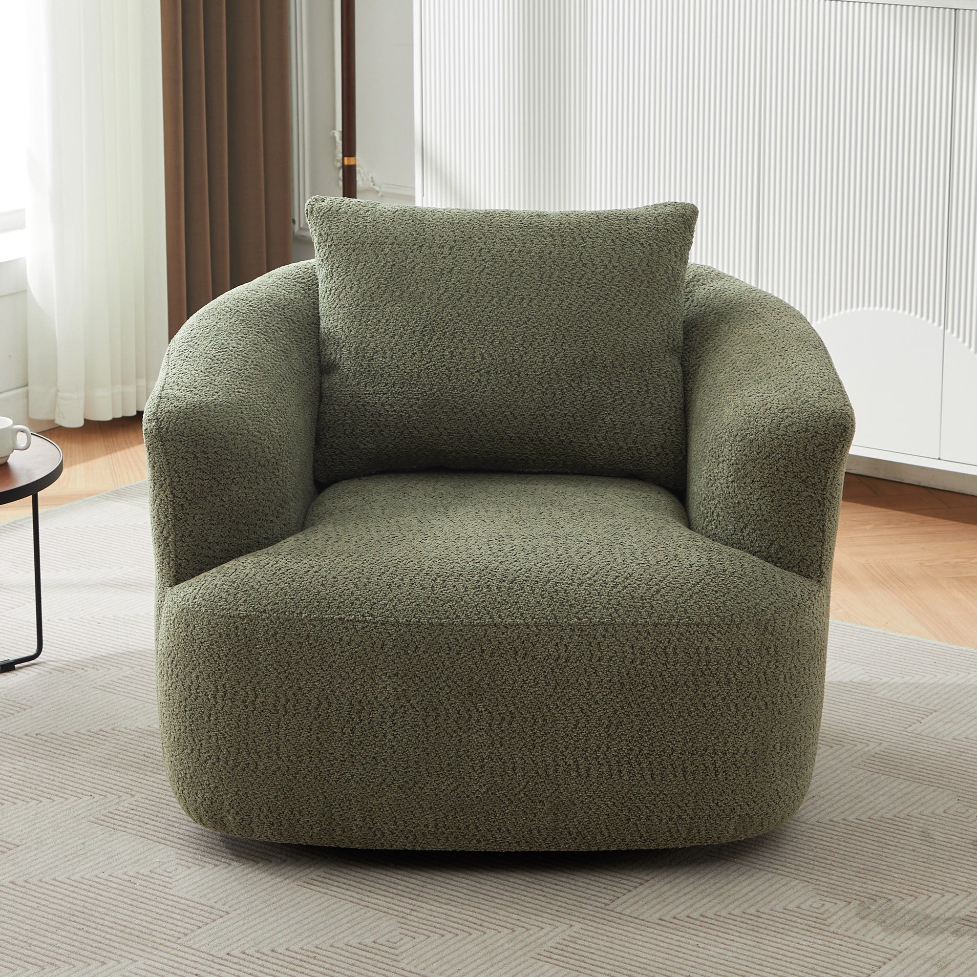 360° Swivel Chair, 38.2 Boucle Accent Chair with Throw Pillow, Upholstered Barrel Sofa Chair with Curved Armrests