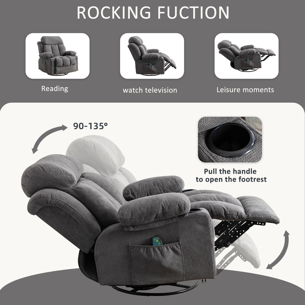 360° Swivel Recliner Chair with Massage, Heat, USB, and Cup Holders