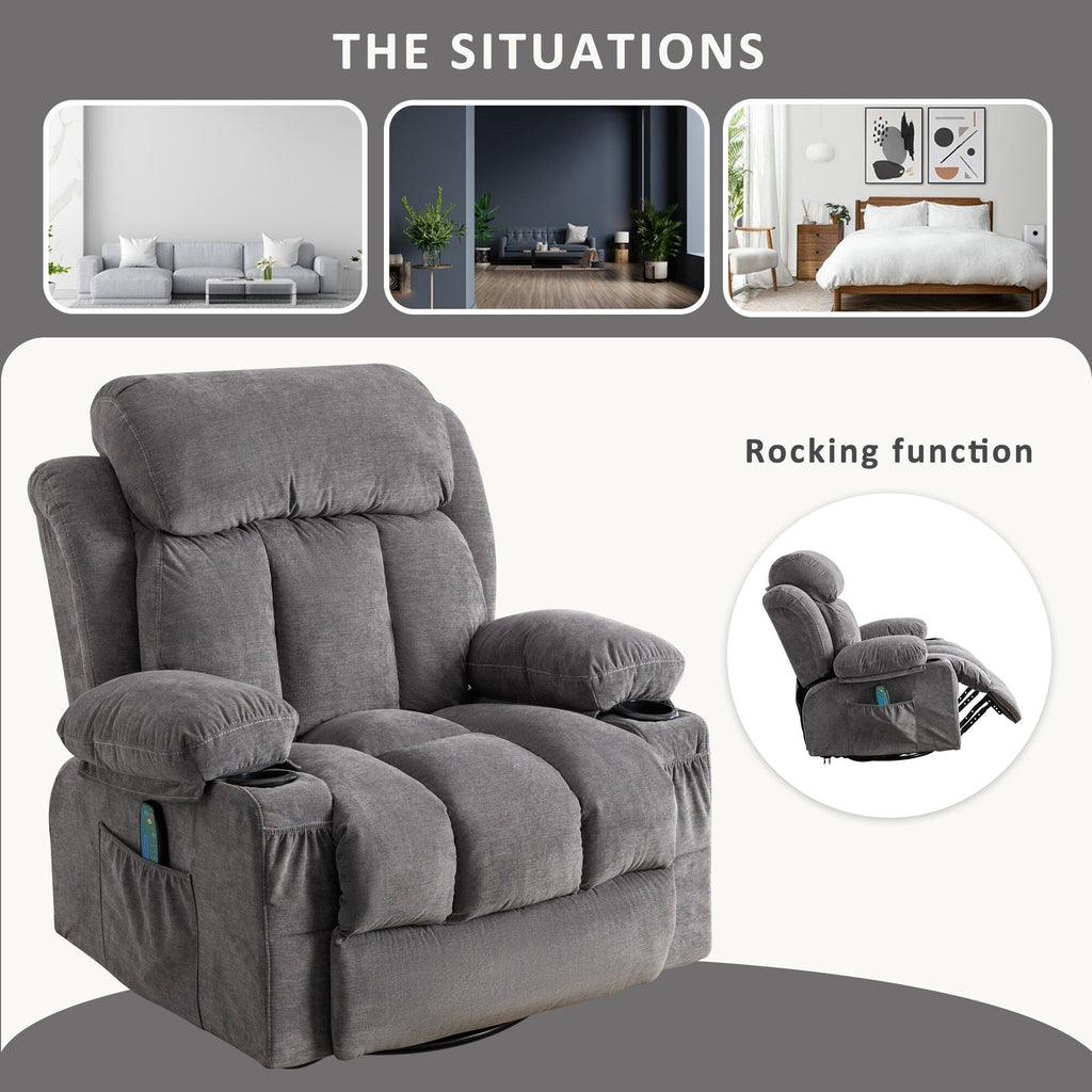 360° Swivel Recliner Chair with Massage, Heat, USB, and Cup Holders