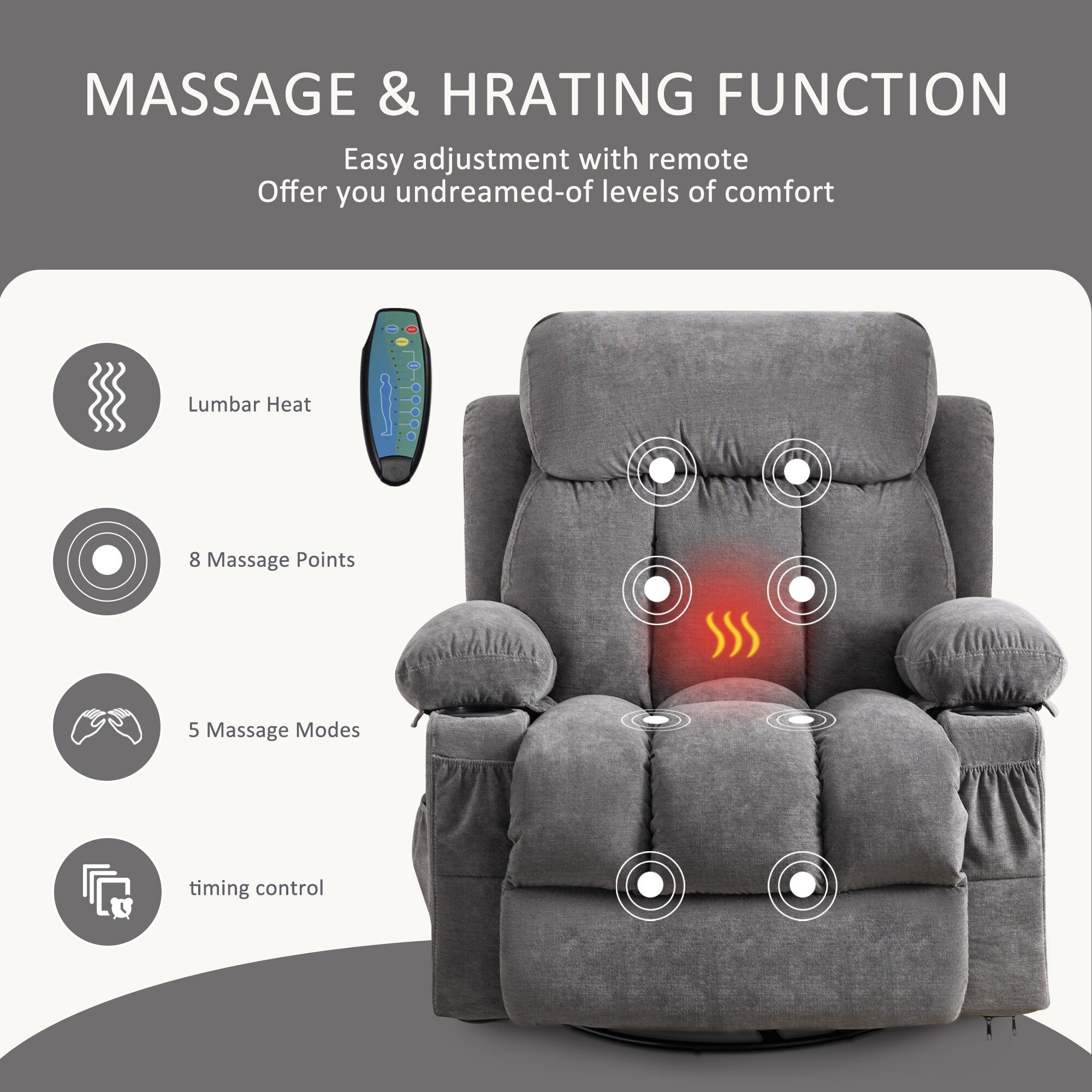 360° Swivel Recliner Chair with Massage, Heat, USB, and Cup Holders