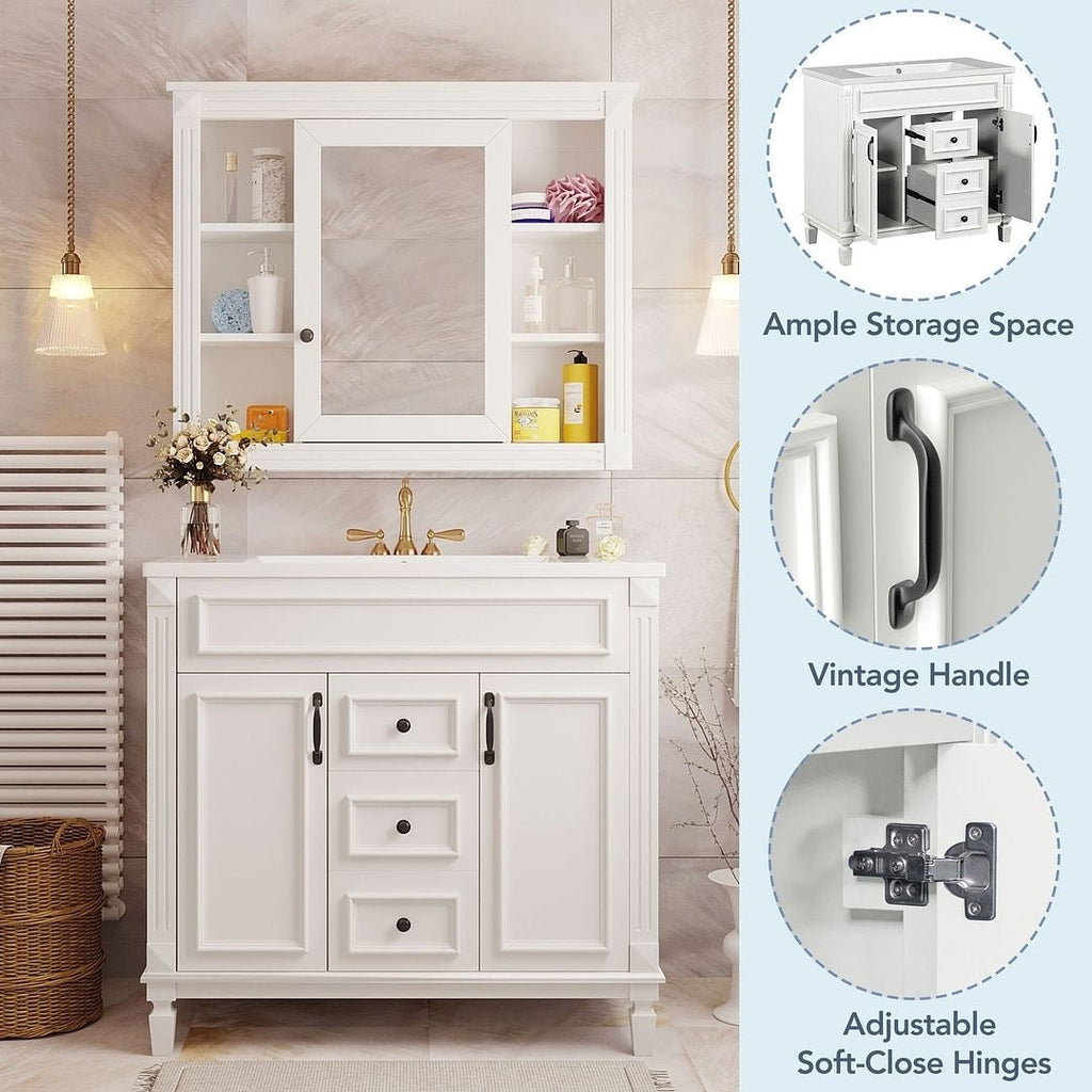 Meuble-lavabo moderne de 91 cm (36 po) avec vasque et armoire à miroir, 2 portes et 2 tiroirs