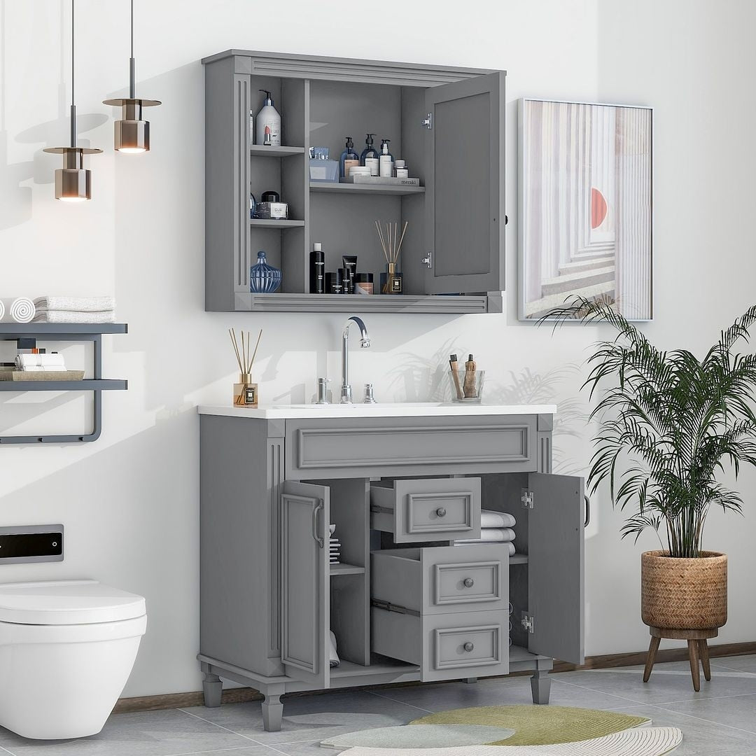 Meuble-lavabo moderne de 91 cm (36 po) avec vasque et armoire à miroir, 2 portes et 2 tiroirs