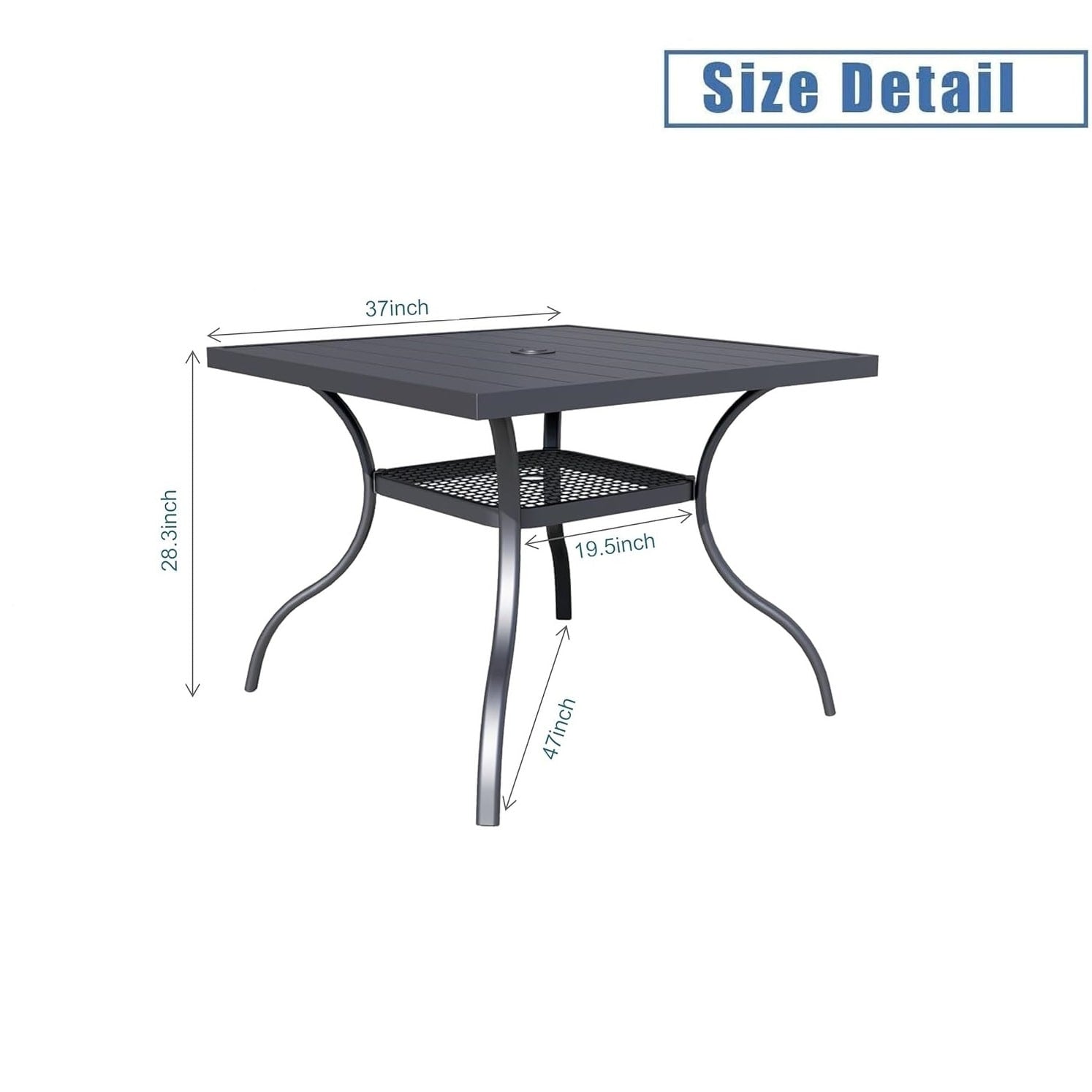 Table de salle à manger rectangulaire d'extérieur en métal à lattes, 60 x 37 pouces, avec trou pour parasol, pour 6 personnes.