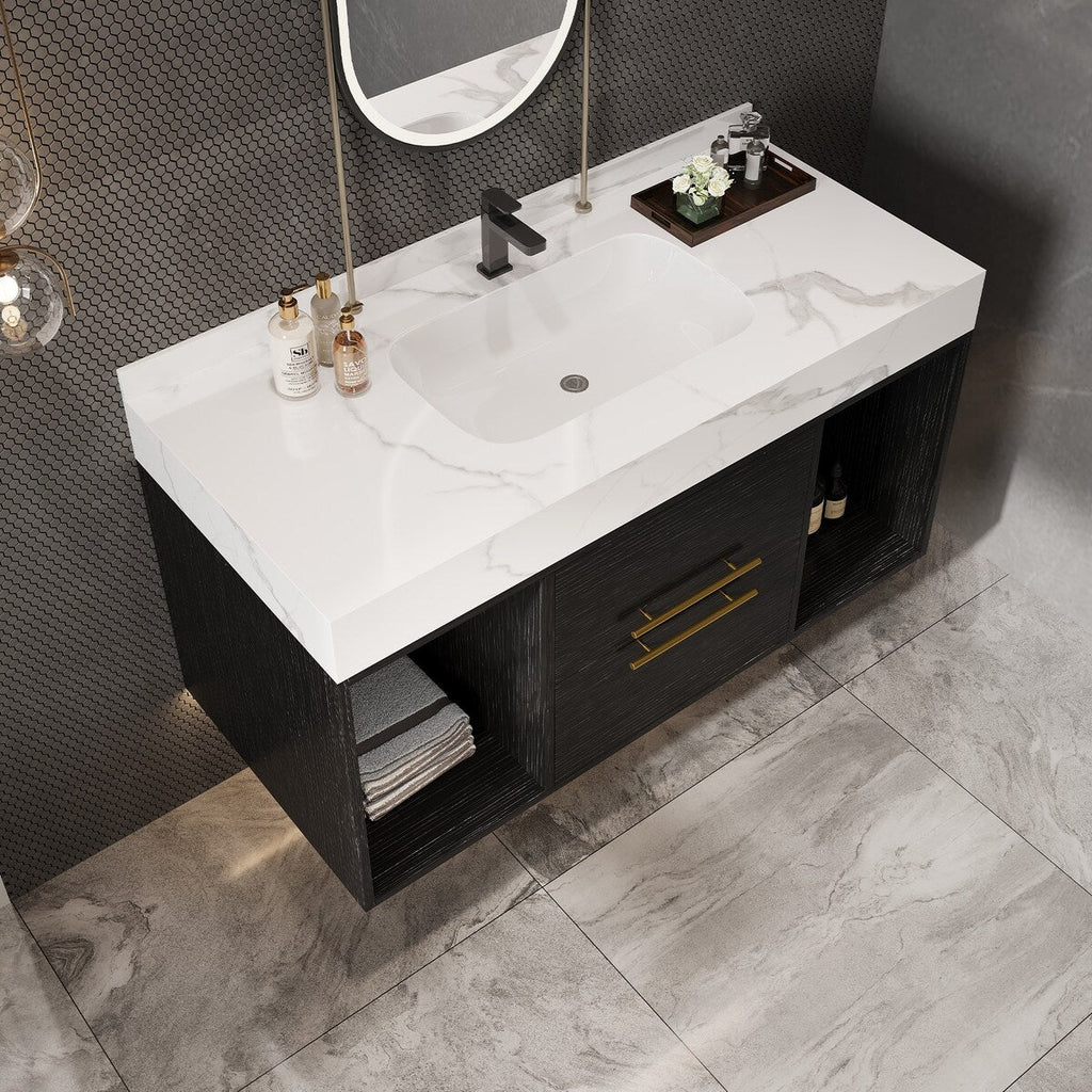Meuble-lavabo suspendu de 100 cm (39,4 po) avec vasque en céramique, 2 tiroirs à fermeture amortie et plateau en ardoise blanche - 100 x 58 cm (39 x 18,9 po)