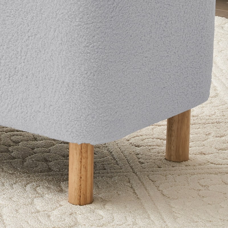 Pouf de rangement en boucle écrue (39,5 cm), en sherpa, avec pieds en bois, idéal pour le salon ou la chambre.