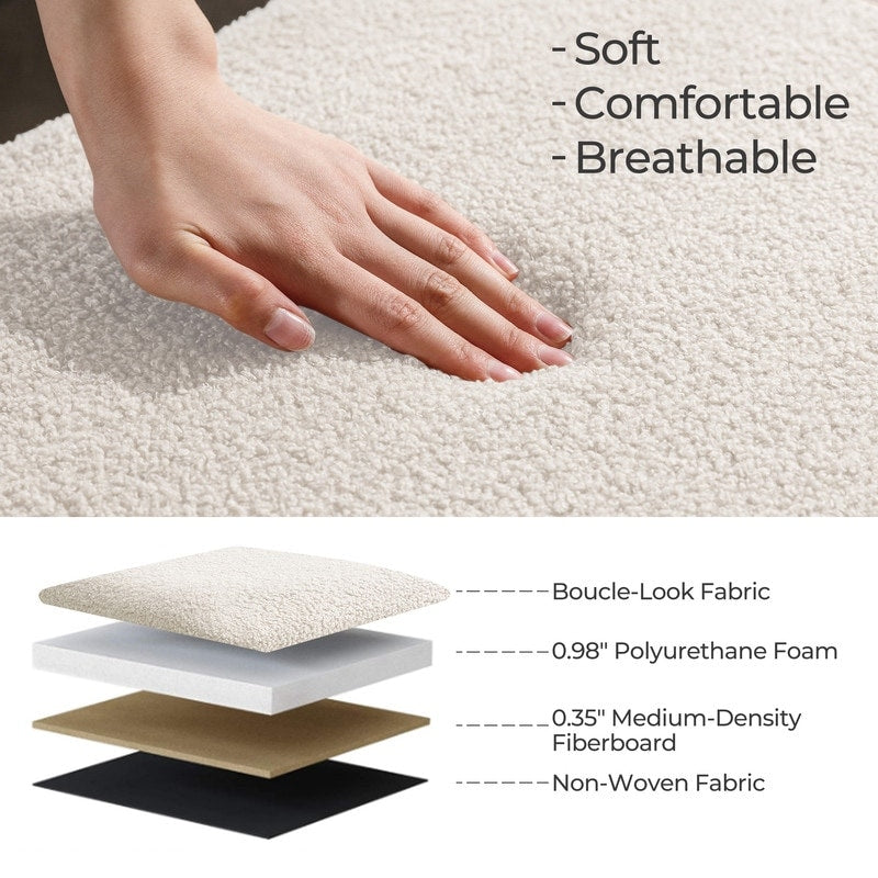 Pouf de rangement en boucle écrue (39,5 cm), en sherpa, avec pieds en bois, idéal pour le salon ou la chambre.