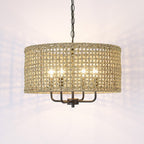 Lustre tambour bohème à 4 lumières, tissé à la main - Paille - 51 cm de diamètre