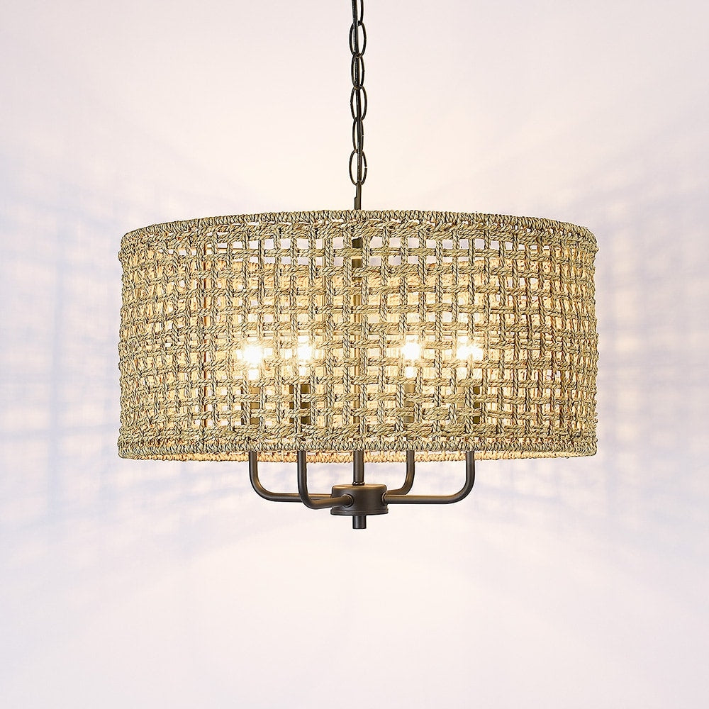 Lustre tambour bohème à 4 lumières, tissé à la main - Paille - 51 cm de diamètre