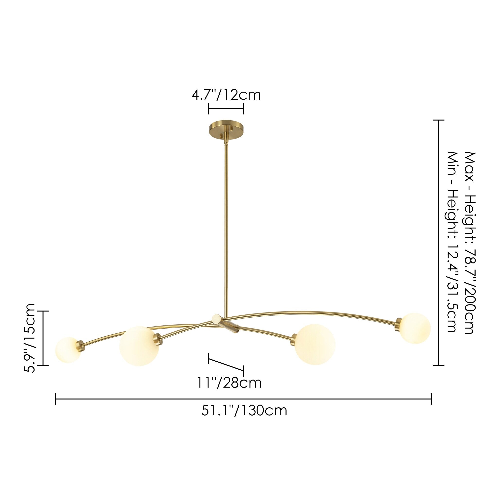 Suspension Sputnik linéaire moderne dorée à 4 lumières, style épuré, idéale pour îlot central ou salle à manger - 130 cm (L) x 28 cm (P) x 15 cm (H)