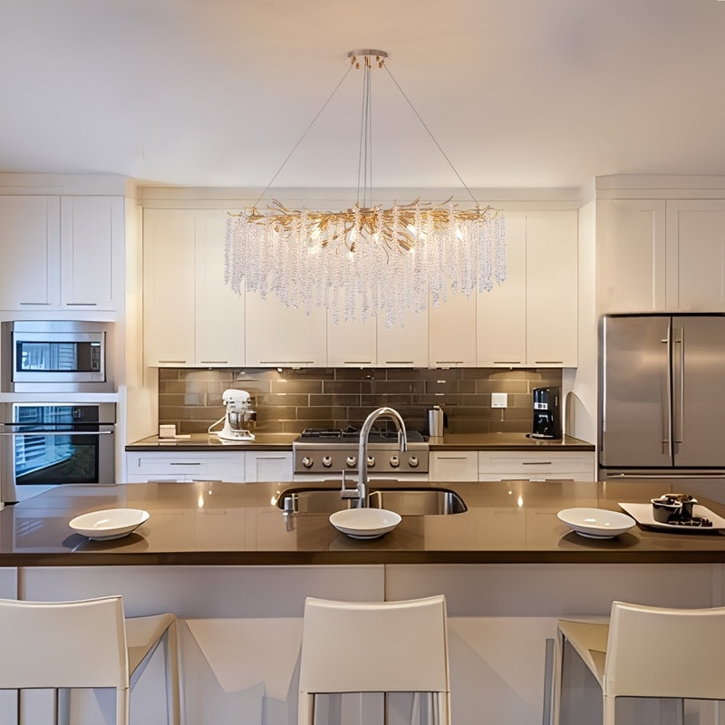 Lustre rectangulaire moderne en cristal doré de 101,6 cm (40 po) avec branches d'arbre, suspension pour îlot de cuisine ou salle à manger.