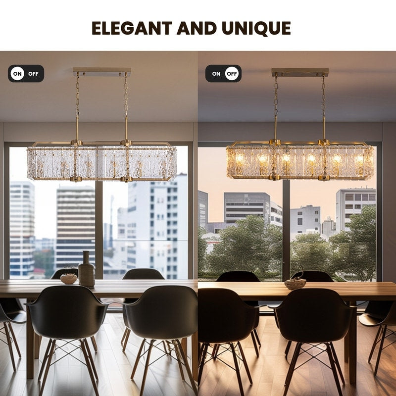 Lustre rectangulaire moderne linéaire en cristal de 101,6 cm (40 po), 16 lumières, laiton doré, idéal pour salle à manger, salon ou îlot de cuisine.