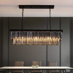 Lustre moderne contemporain en cristal gris fumé et noir à deux niveaux, suspension linéaire pour îlot de cuisine ou salle à manger, 119 cm (47 po).