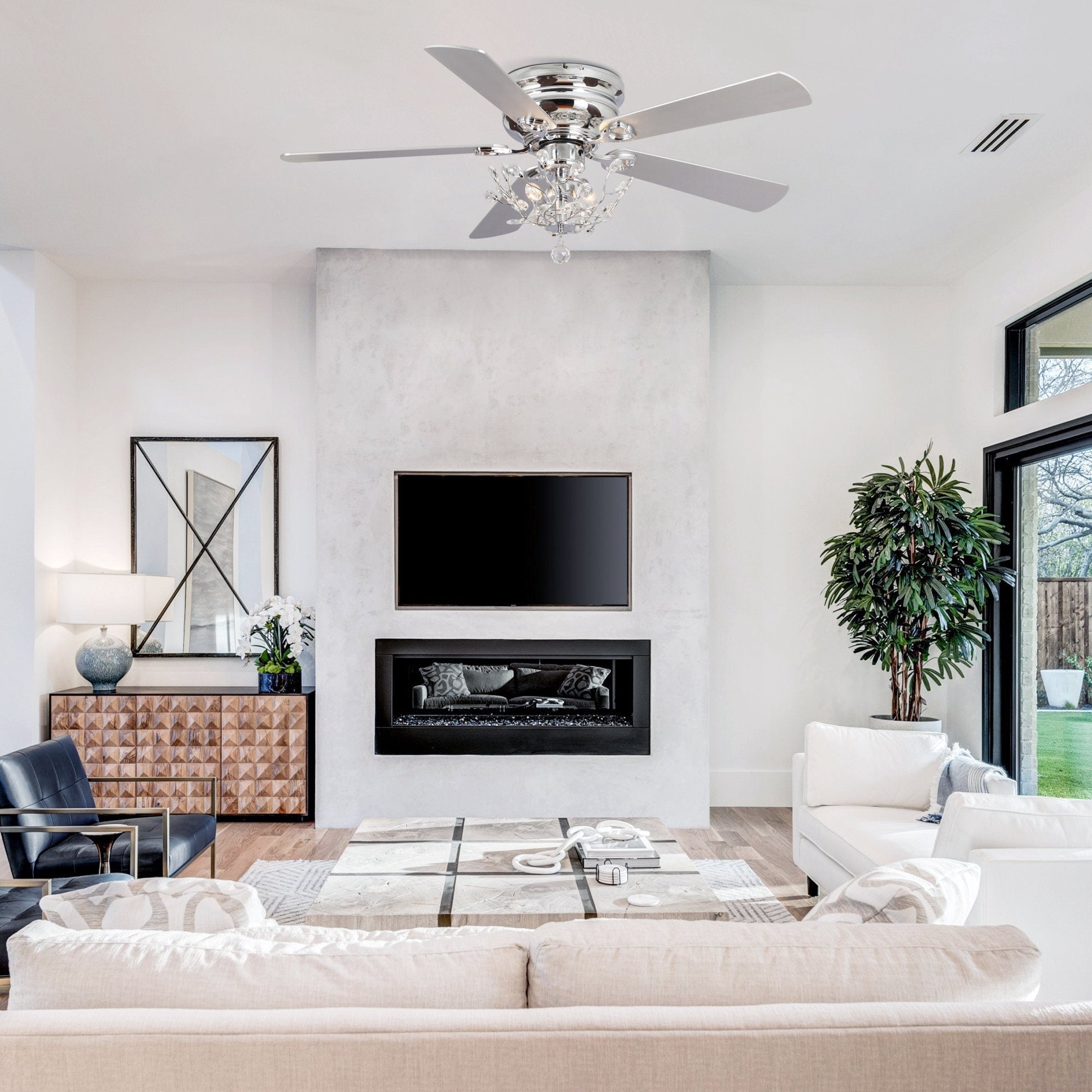 Ventilateur de plafond moderne réversible à 5 pales en cristal de 48 pouces avec télécommande