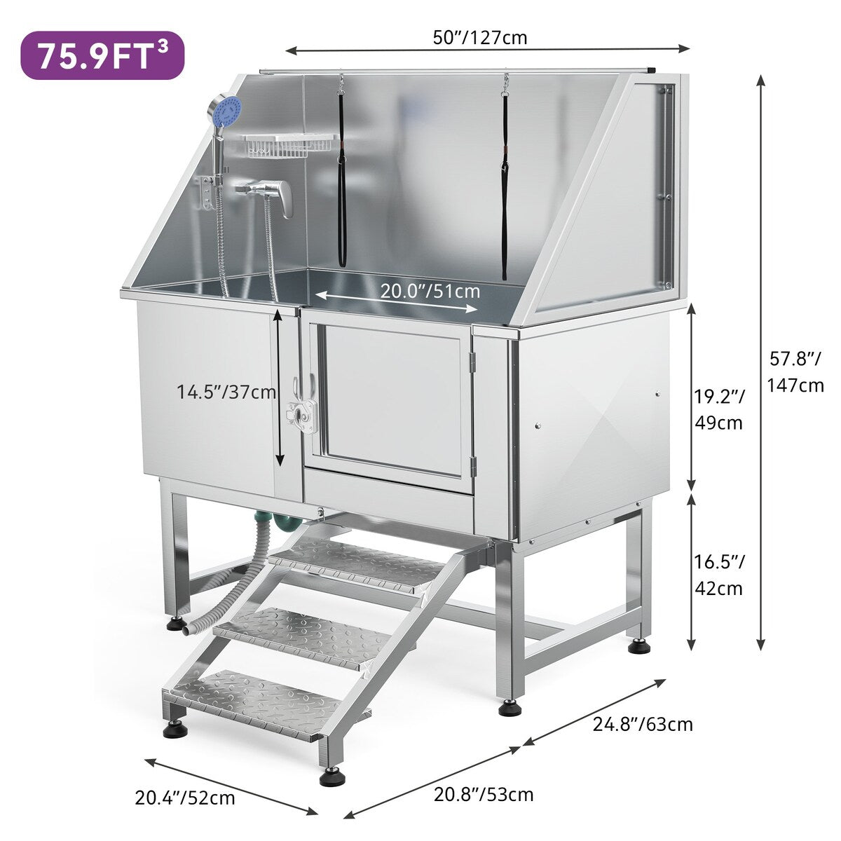 Baignoire de toilettage réglable en acier inoxydable de 127 cm (50 po) de largeur avec rampe d'accès