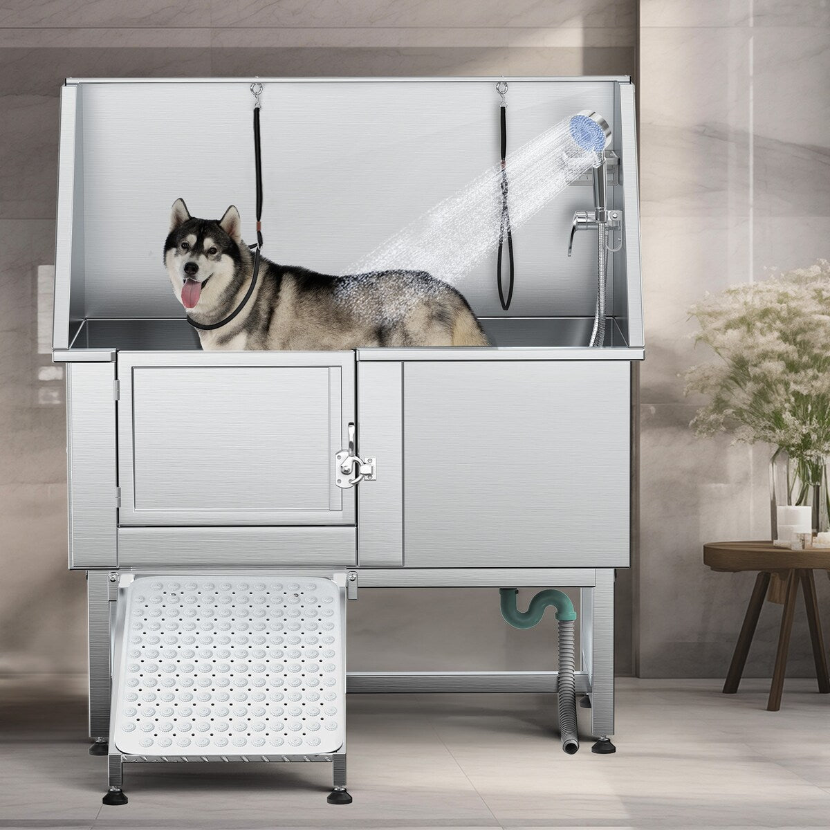 Baignoire de toilettage réglable en acier inoxydable de 127 cm (50 po) de largeur avec rampe d'accès