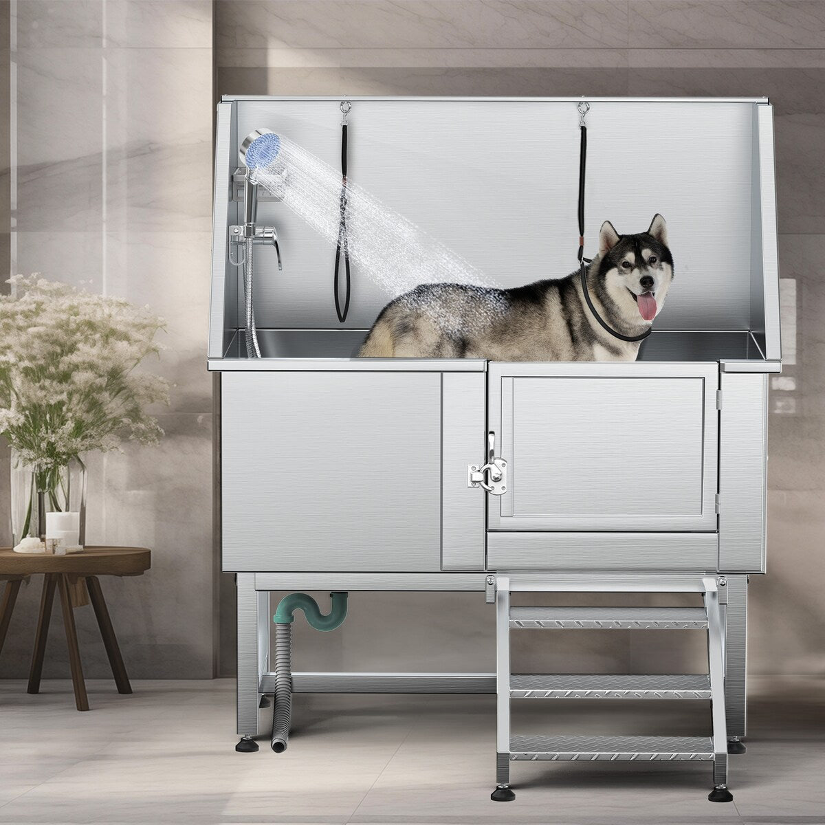 Baignoire de toilettage réglable en acier inoxydable de 127 cm (50 po) de largeur avec rampe d'accès