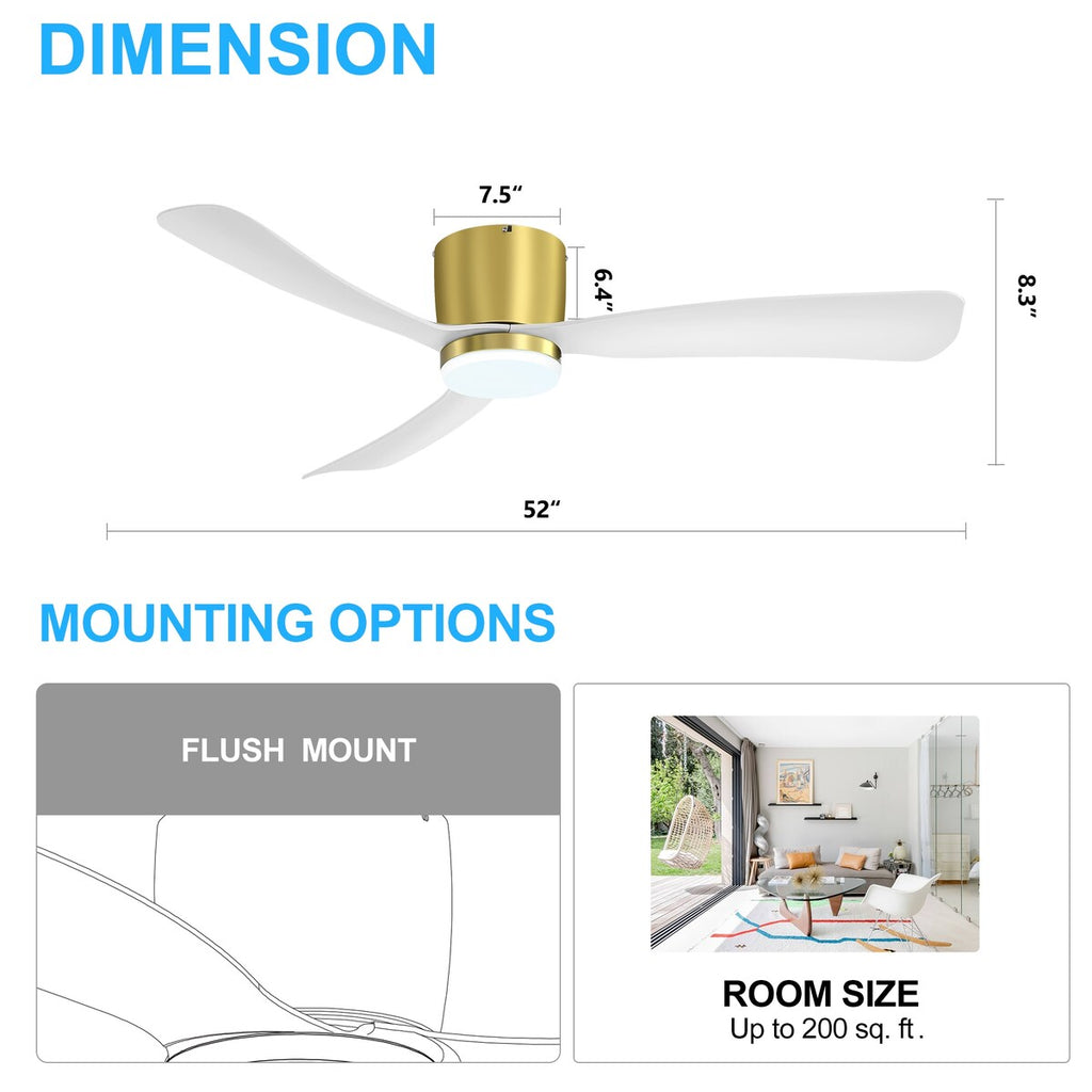 Ventilateur de plafond encastré noir/blanc de 52 pouces avec télécommande et éclairage LED (3 pales)