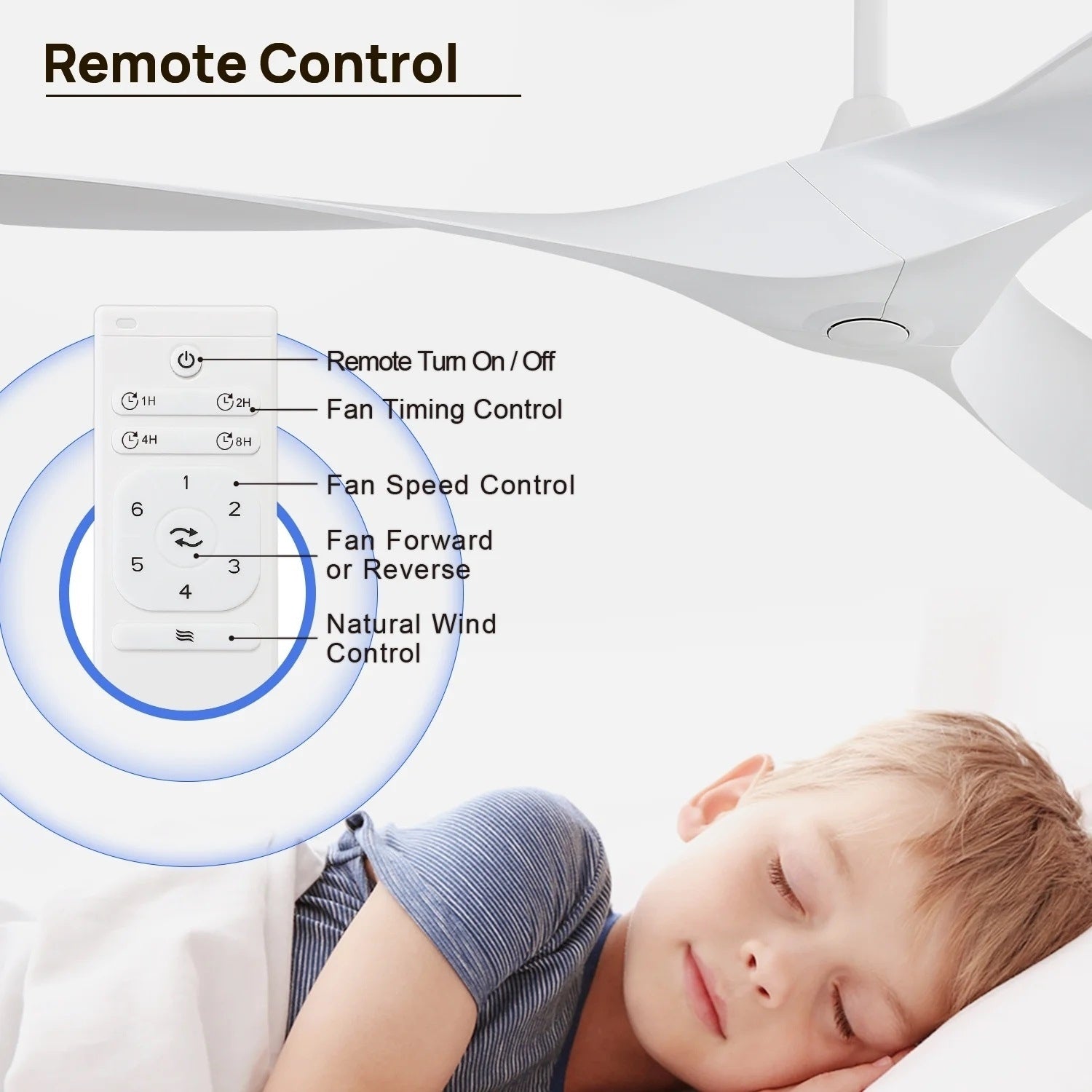 Ventilateur de plafond moderne de 132 cm (52 ​​pouces) en bois massif et ABS avec télécommande (sans éclairage), 6 vitesses de ventilation et flux d'air réversible.