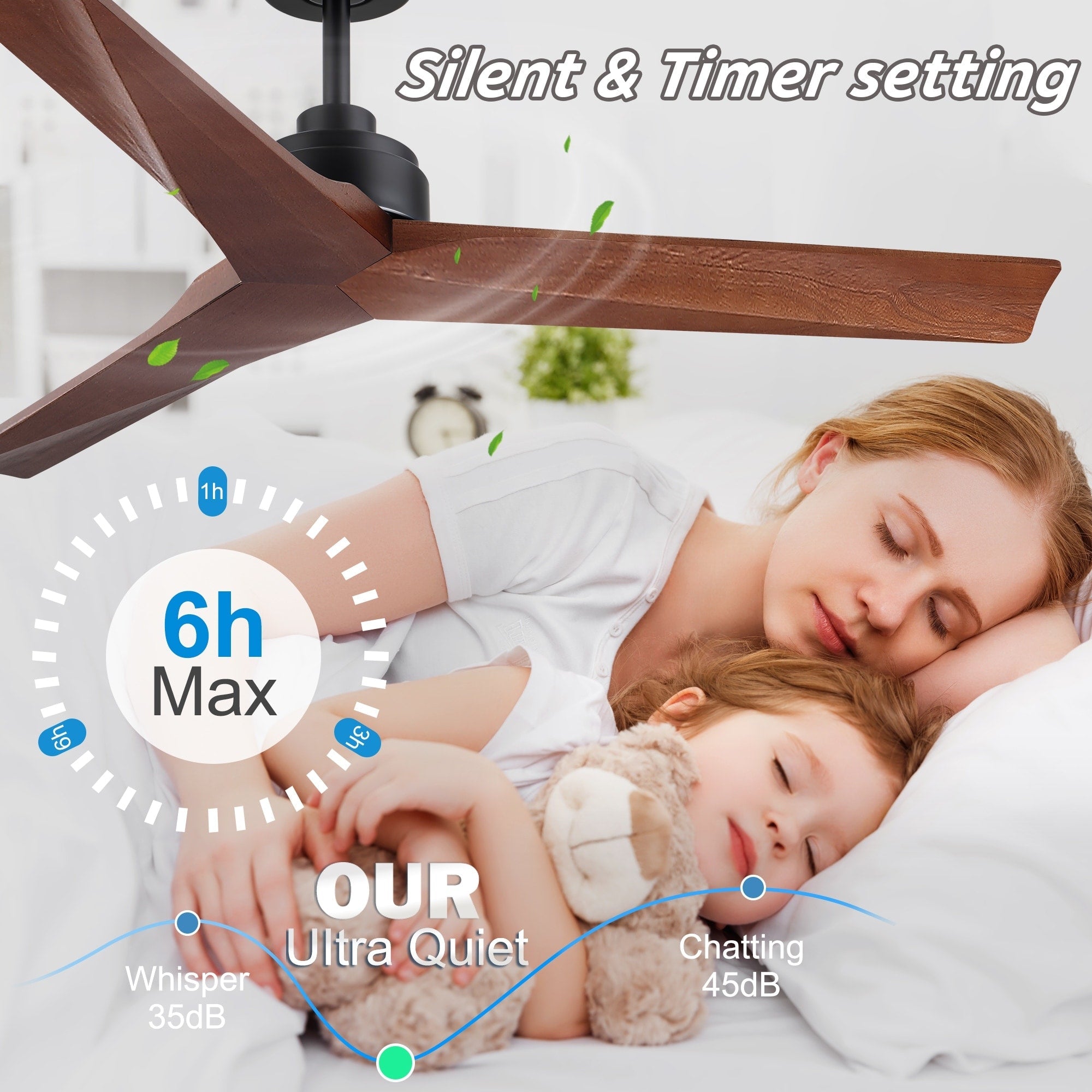 Ventilateur de plafond moderne de 132 cm (52 ​​pouces) en bois massif et ABS avec télécommande (sans éclairage), 6 vitesses de ventilation et flux d'air réversible.