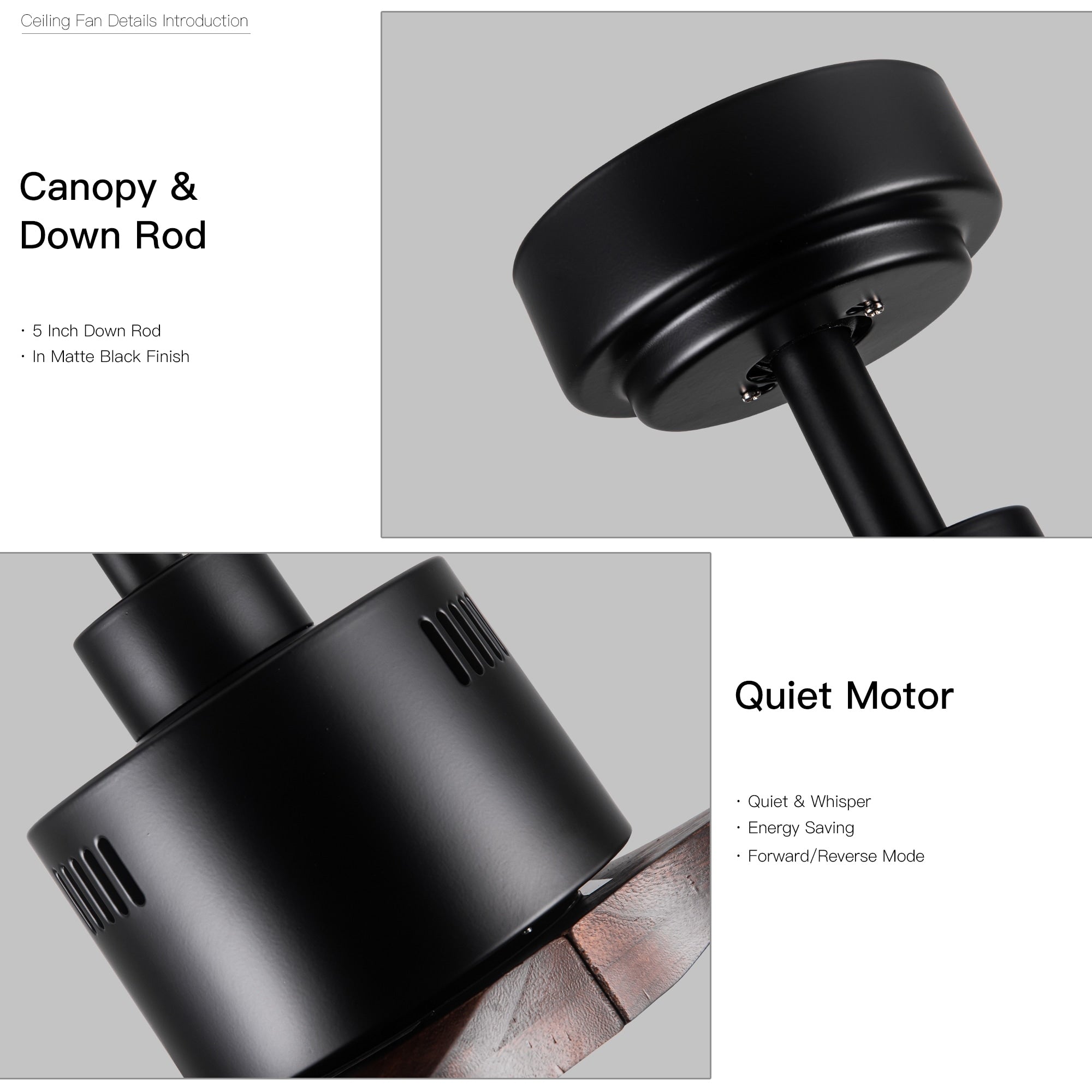 Ventilateur de plafond moderne de 132 cm (52 ​​pouces) en bois massif et ABS avec télécommande (sans éclairage), 6 vitesses de ventilation et flux d'air réversible.