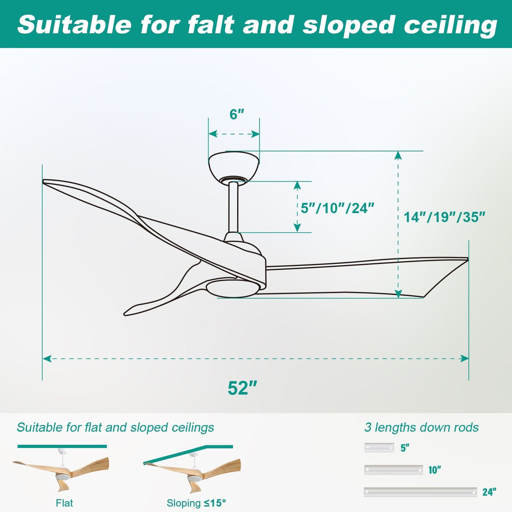 Ventilateur de plafond moderne de 132 cm (52 ​​pouces) en bois massif et ABS avec télécommande (sans éclairage), 6 vitesses de ventilation et flux d'air réversible.